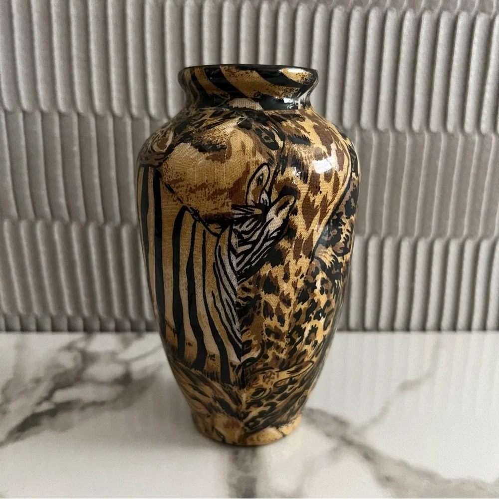 Vintage La Vie African Safari Jungle Animal Decor Vase Patchwork 6 1/2"